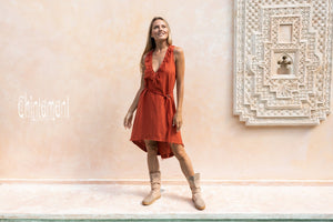 Vneck Raw Cotton Mini Tunic Dress with Belt and Fringes / Red Ochre - ChintamaniAlchemi