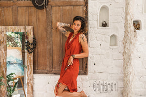 Vneck Raw Cotton Mini Tunic Dress with Belt and Fringes / Red Ochre - ChintamaniAlchemi
