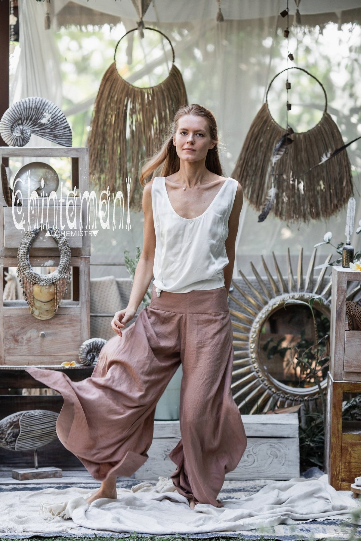 Women Linen Flare Slit Pants / Long Lounge Trousers / Dusty Pink - ChintamaniAlchemi