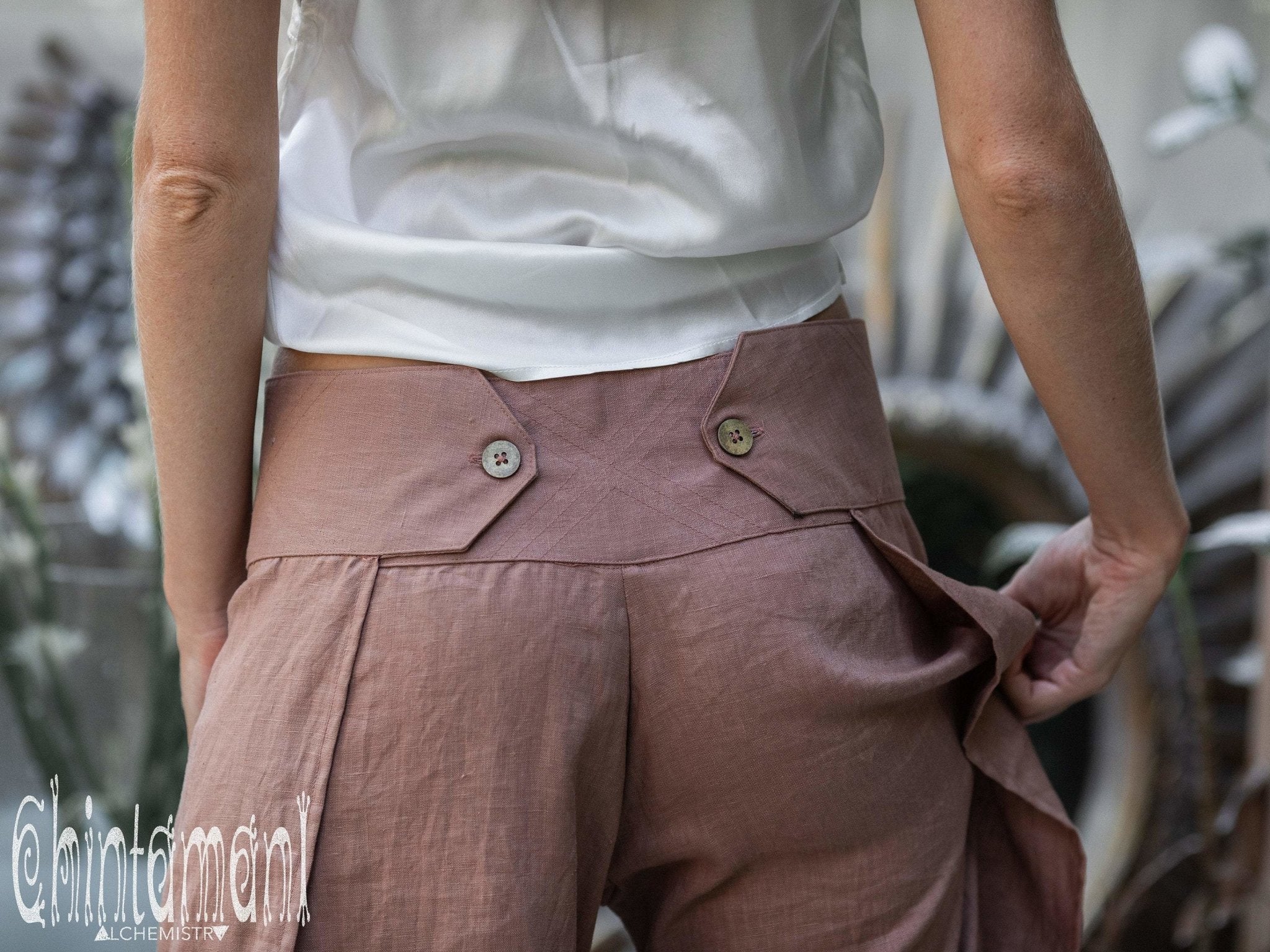 Women Linen Flare Slit Pants / Long Lounge Trousers / Dusty Pink