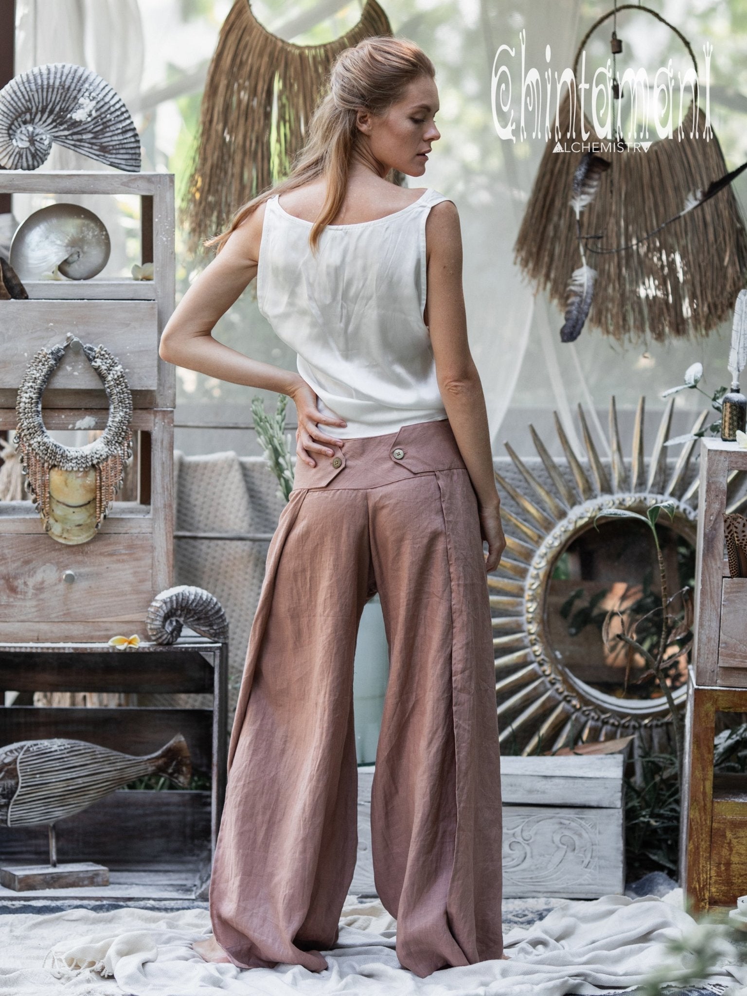 Women Linen Flare Slit Pants / Long Lounge Trousers / Dusty Pink