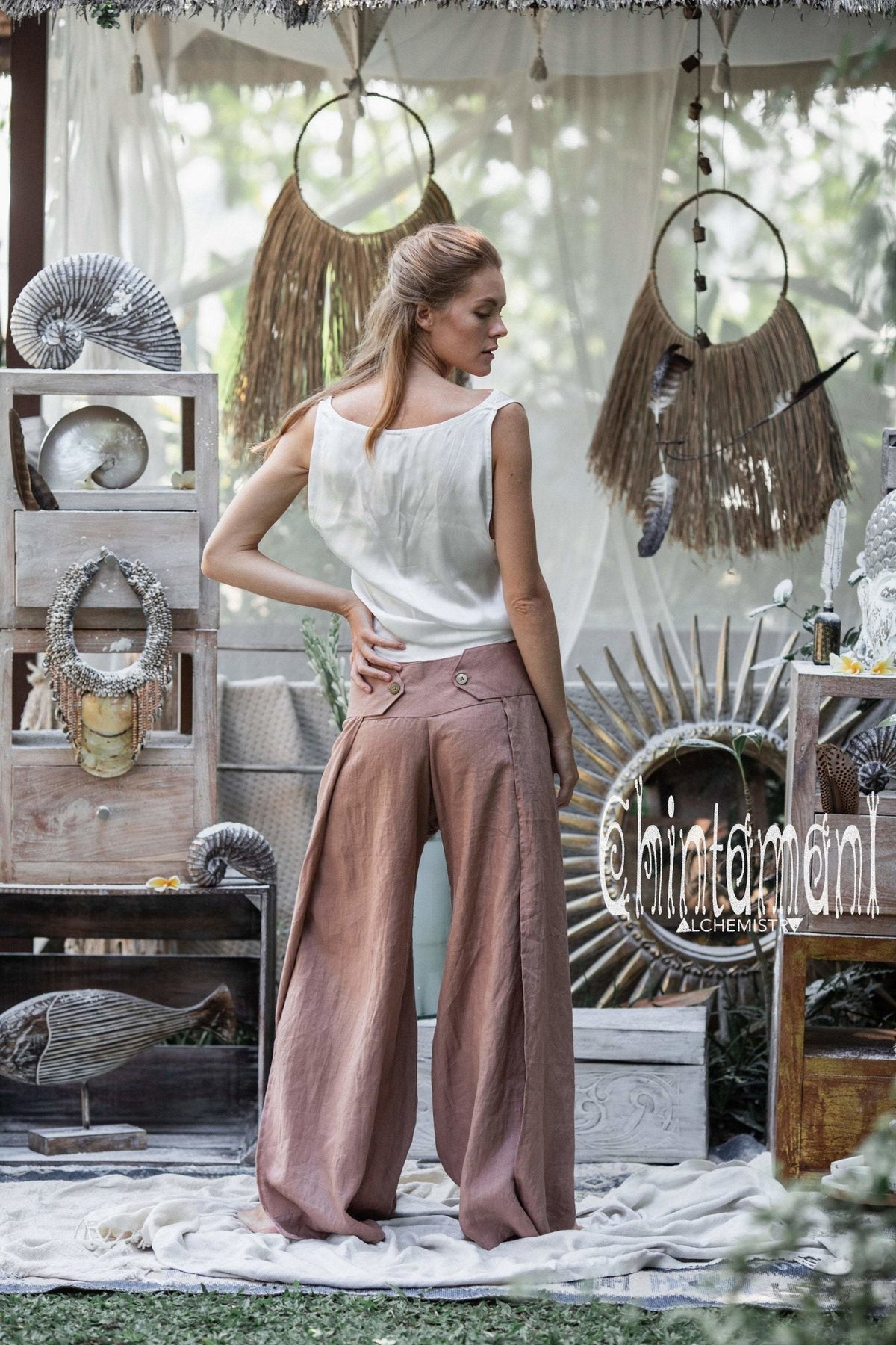 Women Linen Flare Slit Pants / Long Lounge Trousers / Dusty Pink - ChintamaniAlchemi