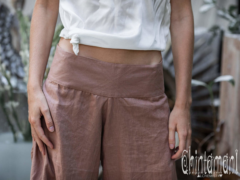 Women Linen Flare Slit Pants / Long Lounge Trousers / Dusty Pink - ChintamaniAlchemi