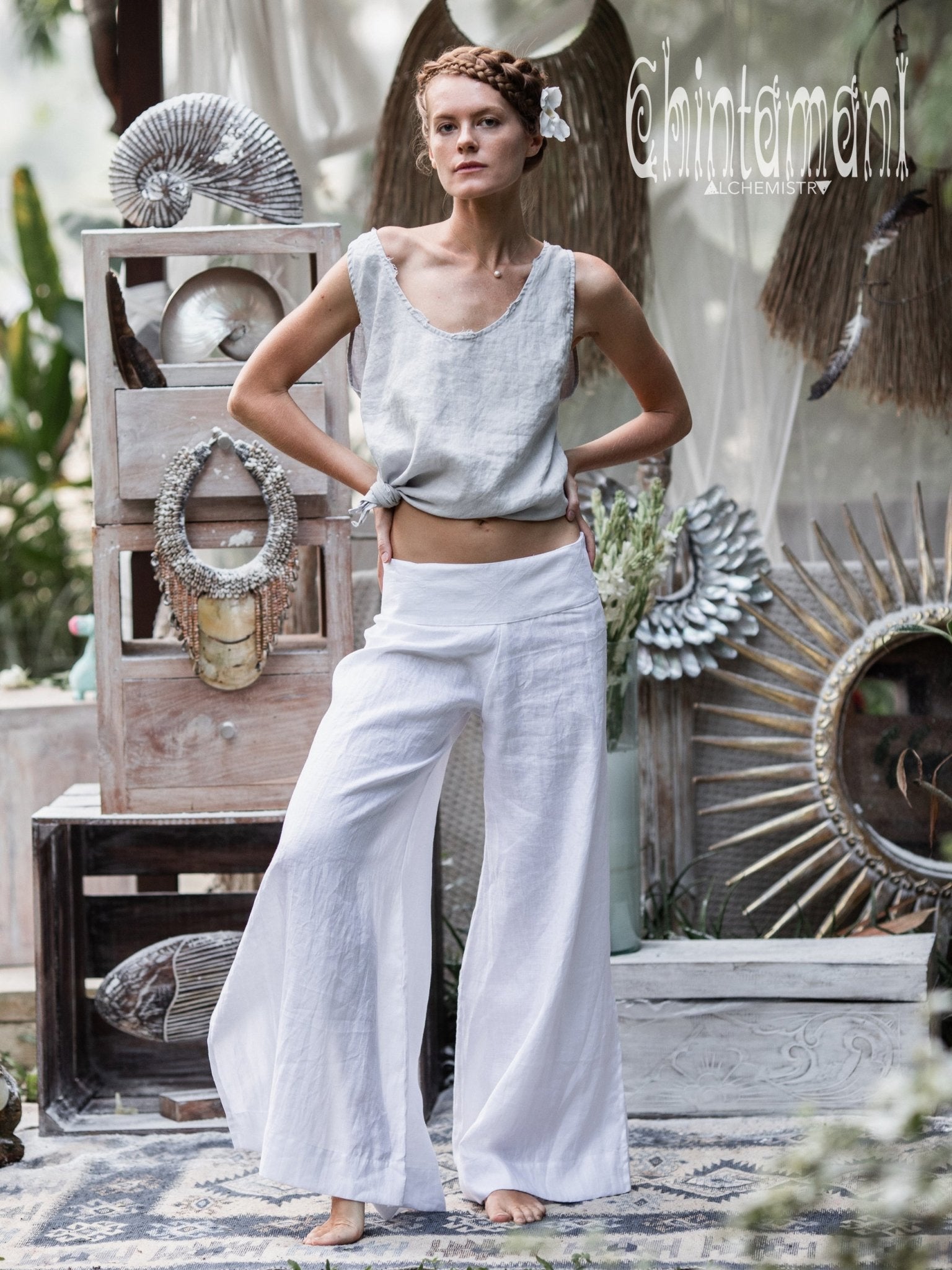 Women Linen Flare Slit Pants / Long Lounge Trousers / White - ChintamaniAlchemi