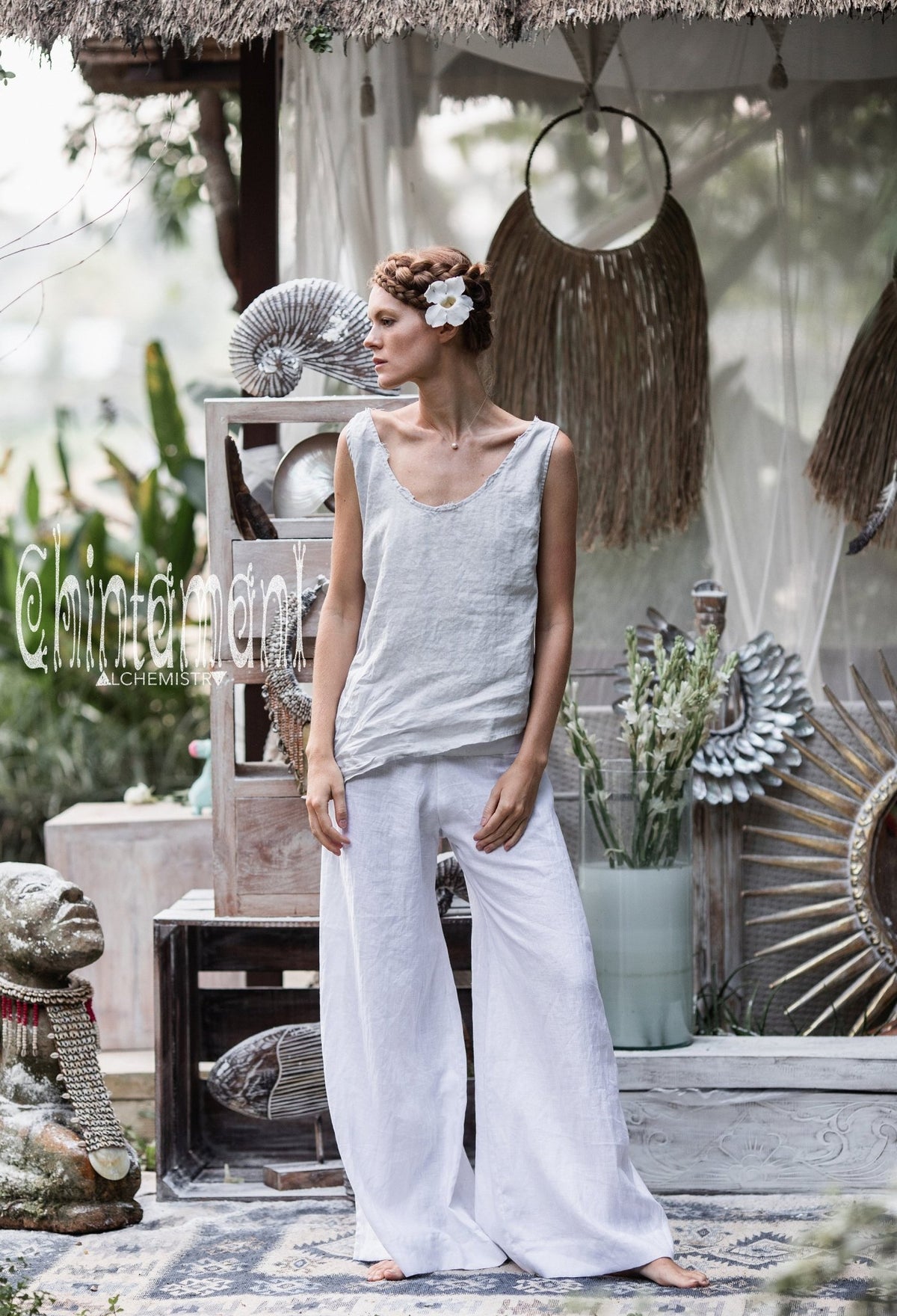 Women Linen Flare Slit Pants / Long Lounge Trousers / White - ChintamaniAlchemi