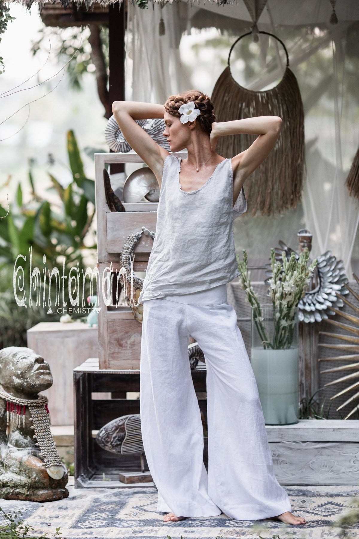 Women Linen Flare Slit Pants / Long Lounge Trousers / White - ChintamaniAlchemi