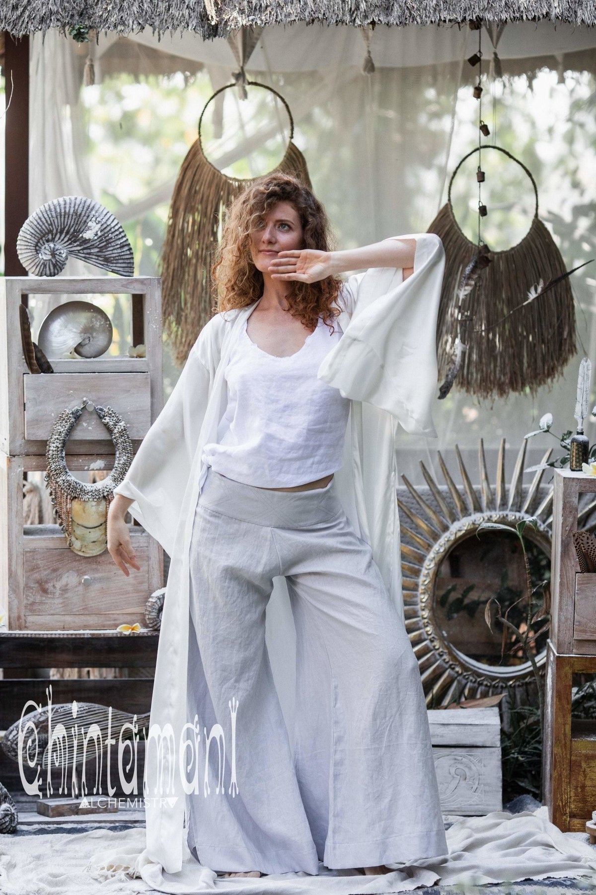 Women Linen Flare Slit Pants / Long Palazzo Trousers / Grey - ChintamaniAlchemi