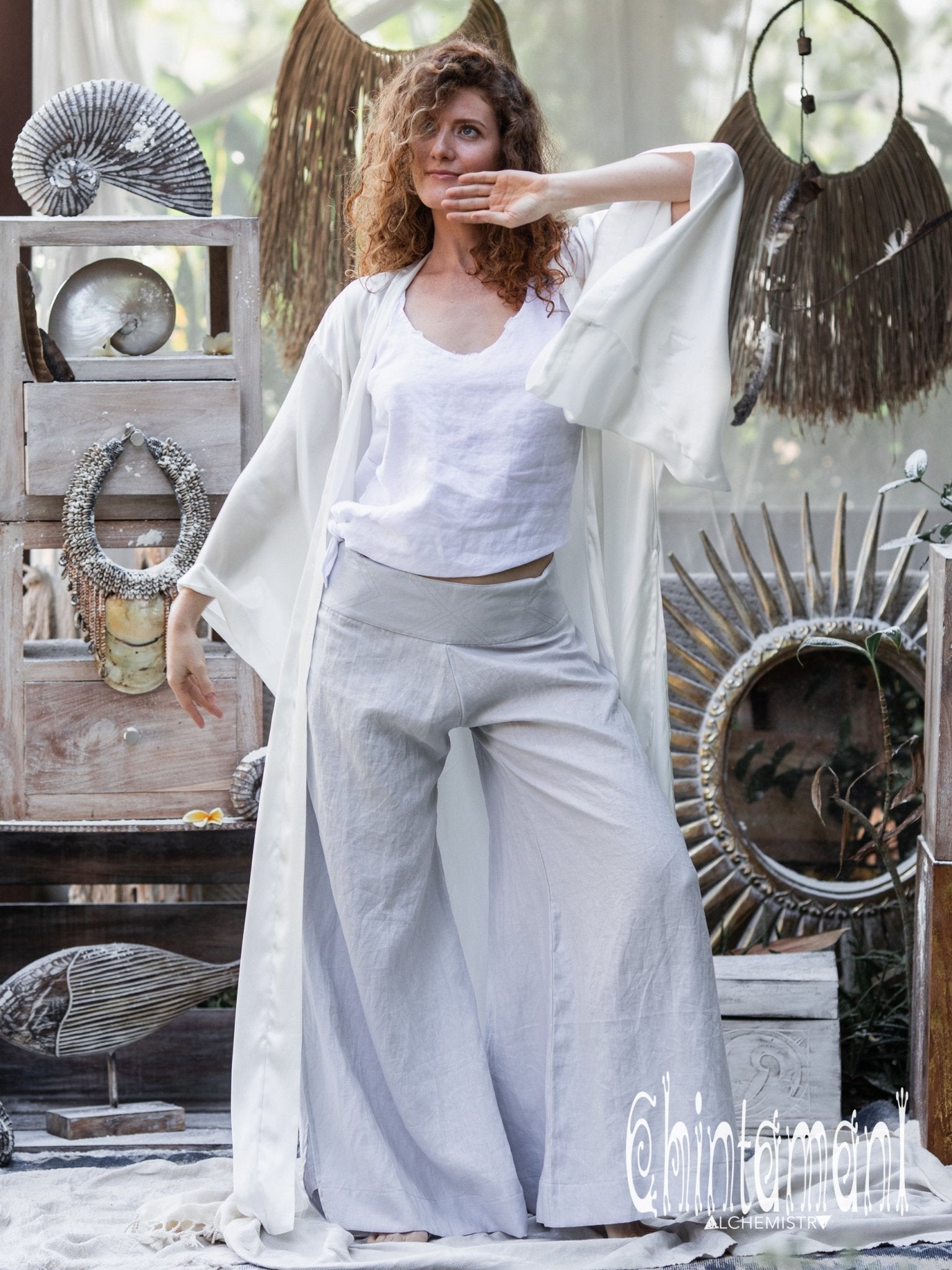 Women Linen Flare Slit Pants / Long Palazzo Trousers / Grey