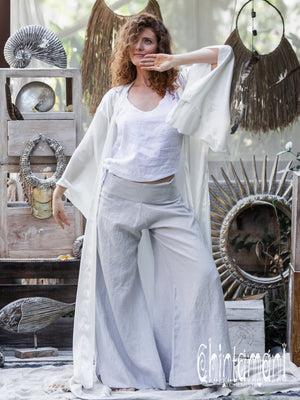 Women Linen Flare Slit Pants / Long Palazzo Trousers / Grey - ChintamaniAlchemi