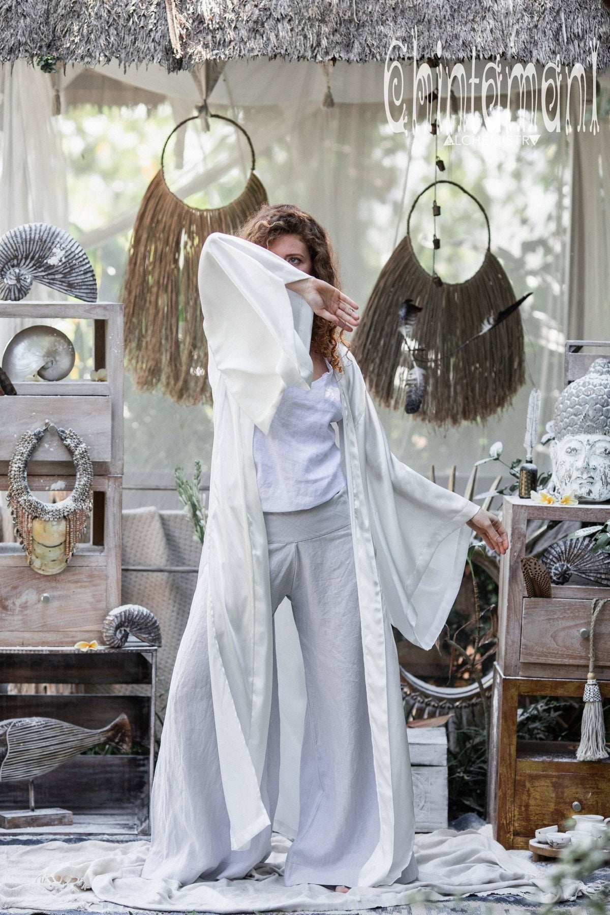 Women Linen Flare Slit Pants / Long Palazzo Trousers / Grey - ChintamaniAlchemi